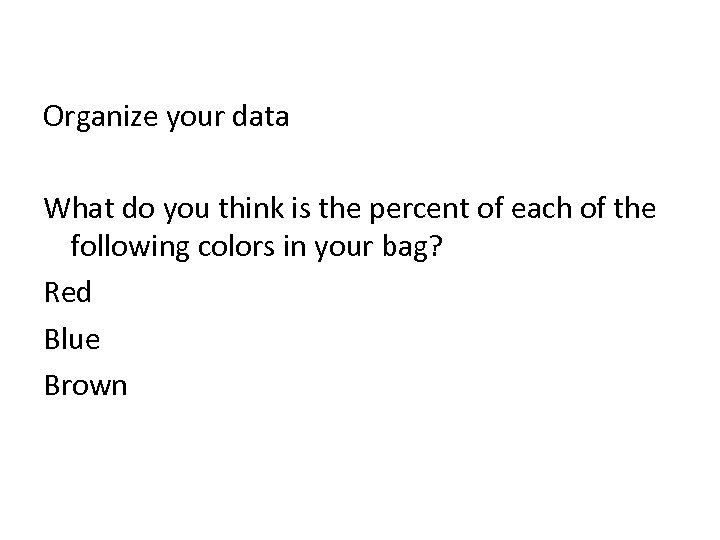 Organize your data What do you think is the percent of each of the