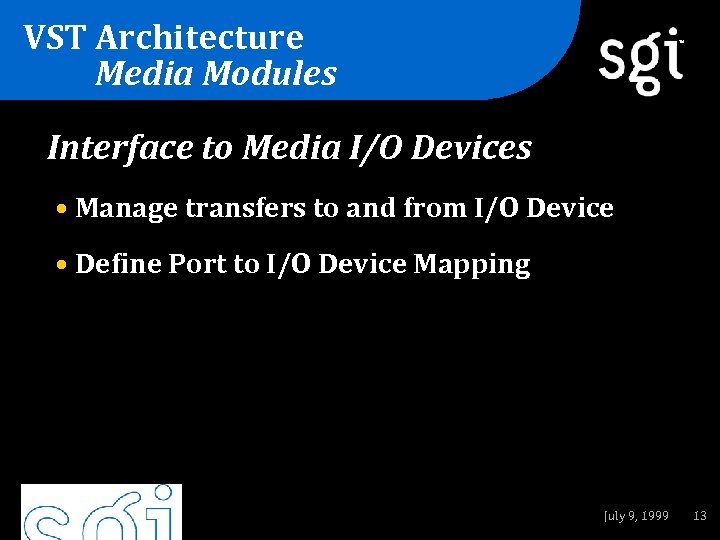 VST Architecture Media Modules TM Interface to Media I/O Devices • Manage transfers to