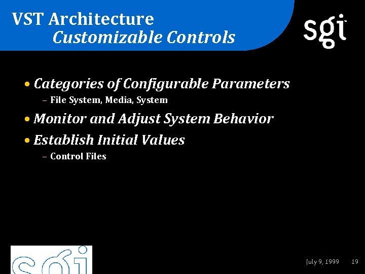 VST Architecture Customizable Controls TM • Categories of Configurable Parameters – File System, Media,