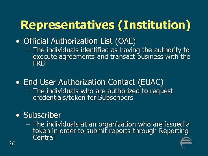 Representatives (Institution) • Official Authorization List (OAL) – The individuals identified as having the