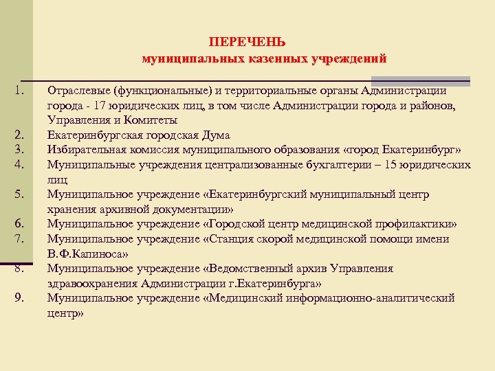 Перечень это. Муниципальные учреждения список. Список городских учреждений. Перечень казенных учреждений.