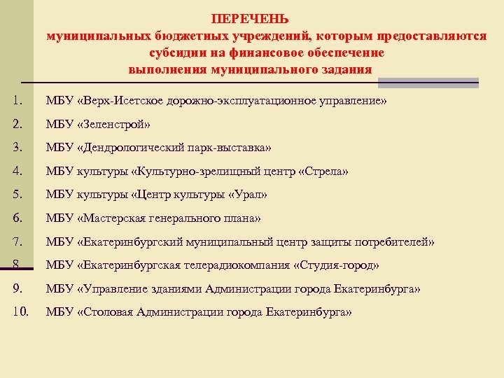 ПЕРЕЧЕНЬ муниципальных бюджетных учреждений, которым предоставляются субсидии на финансовое обеспечение выполнения муниципального задания 1.