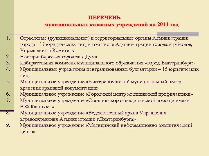 ПЕРЕЧЕНЬ муниципальных казенных учреждений на 2011 год 1. 2. 3. 4. 5. 6. 7.