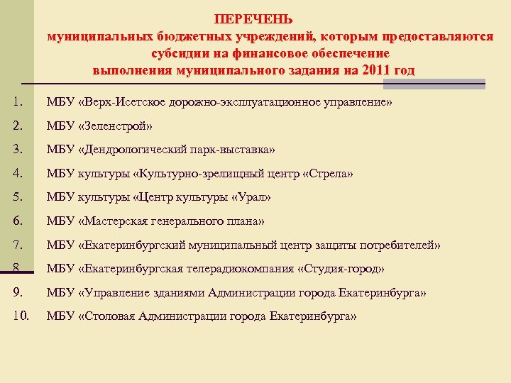 ПЕРЕЧЕНЬ муниципальных бюджетных учреждений, которым предоставляются субсидии на финансовое обеспечение выполнения муниципального задания на