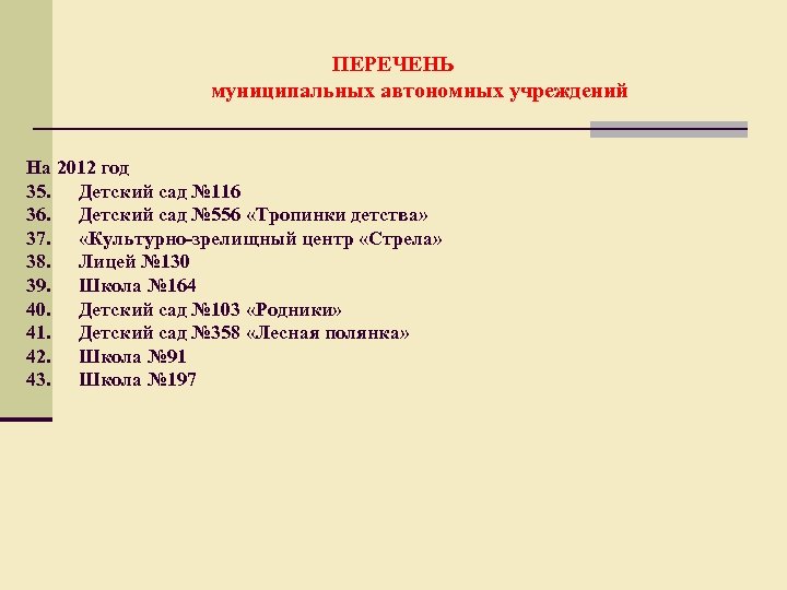 ПЕРЕЧЕНЬ муниципальных автономных учреждений На 2012 год 35. Детский сад № 116 36. Детский