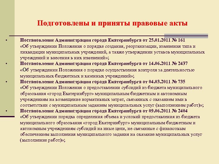 Подготовлены и приняты правовые акты • • Постановление Администрации города Екатеринбурга от 25. 01.