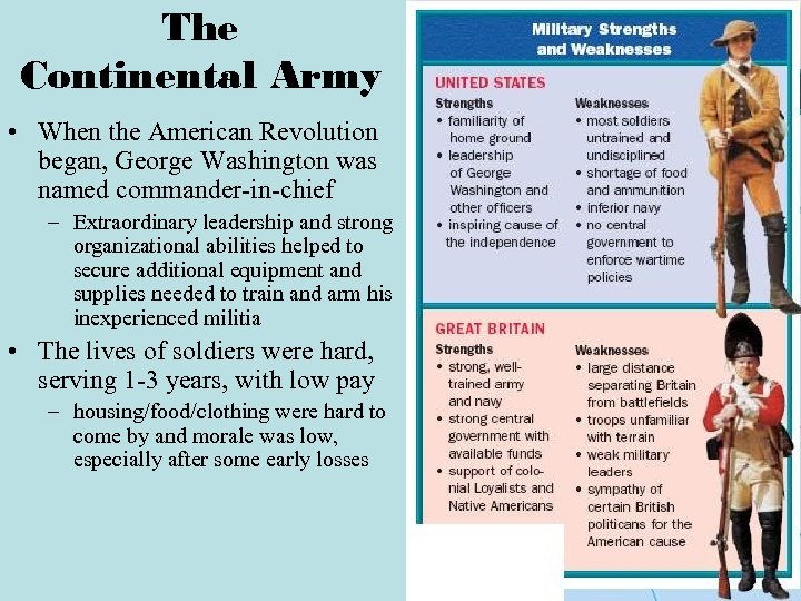 The Continental Army • When the American Revolution began, George Washington was named commander-in-chief