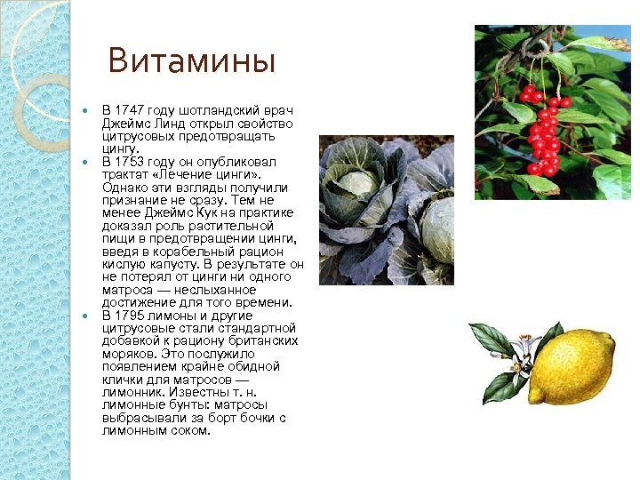Витамины В 1747 году шотландский врач Джеймс Линд открыл свойство цитрусовых предотвращать цингу. В