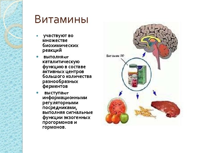 Витамины участвуют во множестве биохимических реакций выполняют каталитическую функцию в составе активных центров большого