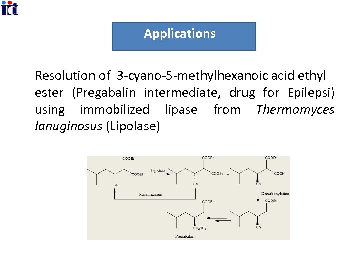 Applications Resolution of 3 -cyano-5 -methylhexanoic acid ethyl ester (Pregabalin intermediate, drug for Epilepsi)