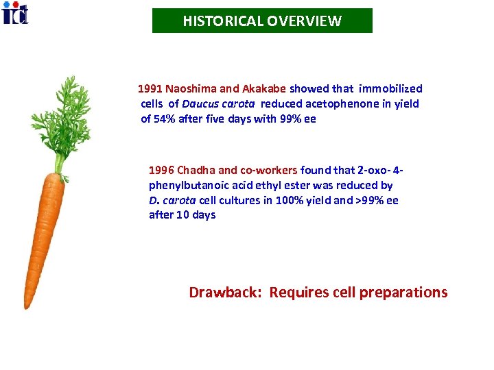 HISTORICAL OVERVIEW 1991 Naoshima and Akakabe showed that immobilized cells of Daucus carota reduced