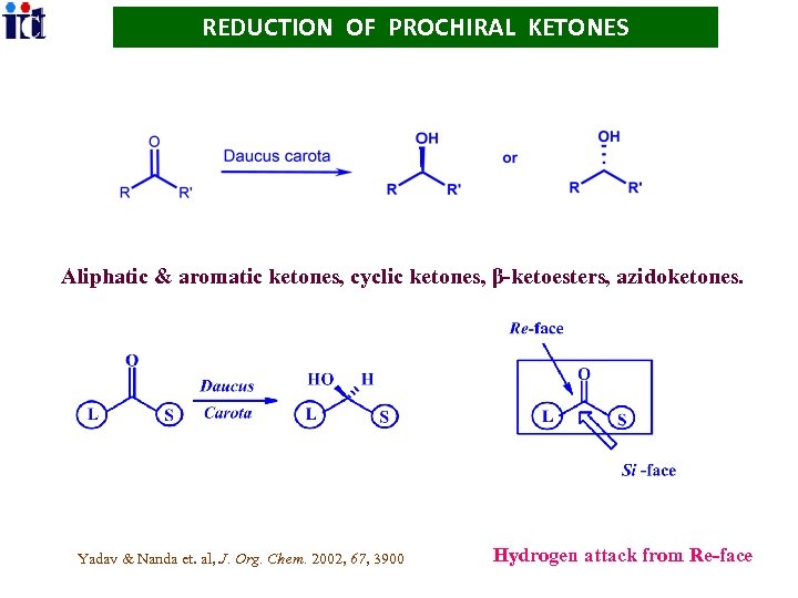 REDUCTION OF PROCHIRAL KETONES Aliphatic & aromatic ketones, cyclic ketones, β-ketoesters, azidoketones. Yadav &