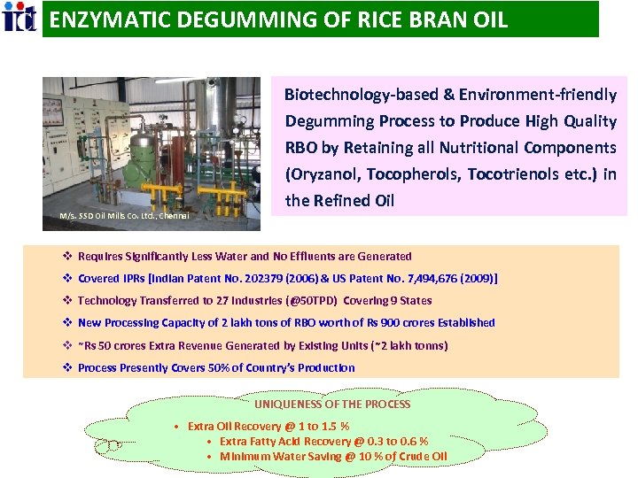 ENZYMATIC DEGUMMING OF RICE BRAN OIL Biotechnology-based & Environment-friendly M/s. SSD Oil Mills Co.