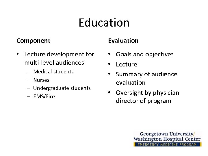 Education Component Evaluation • Lecture development for multi-level audiences • Goals and objectives •