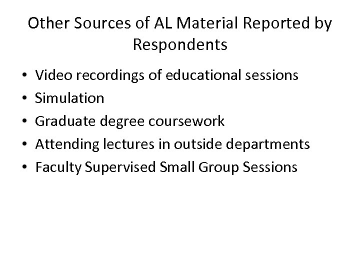 Other Sources of AL Material Reported by Respondents • • • Video recordings of