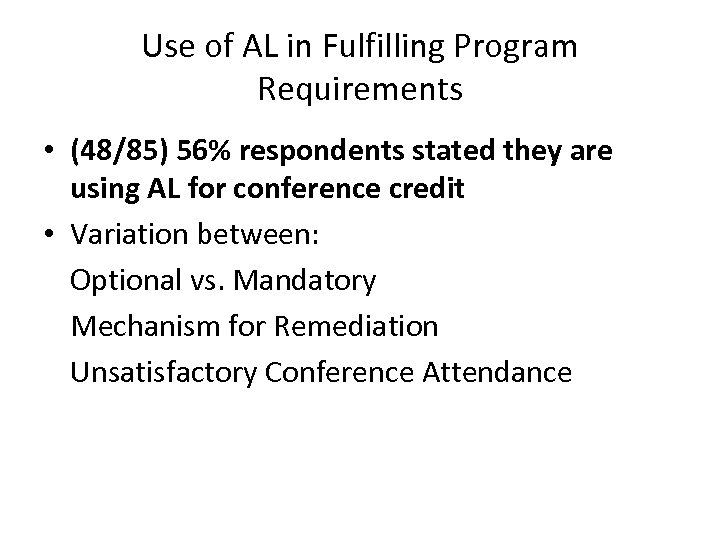 Use of AL in Fulfilling Program Requirements • (48/85) 56% respondents stated they are