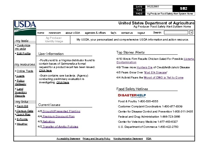 DATE TYPE PAGE 05. 22. 2003 SB 2 Ag Producer Food Safety Alert System
