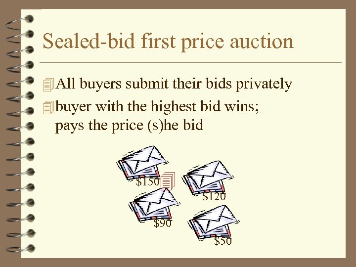 Sealed-bid first price auction All buyers submit their bids privately buyer with the highest