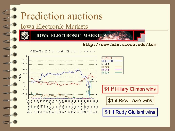 Prediction auctions Iowa Electronic Markets http: //www. biz. uiowa. edu/iem $1 if Hillary Clinton