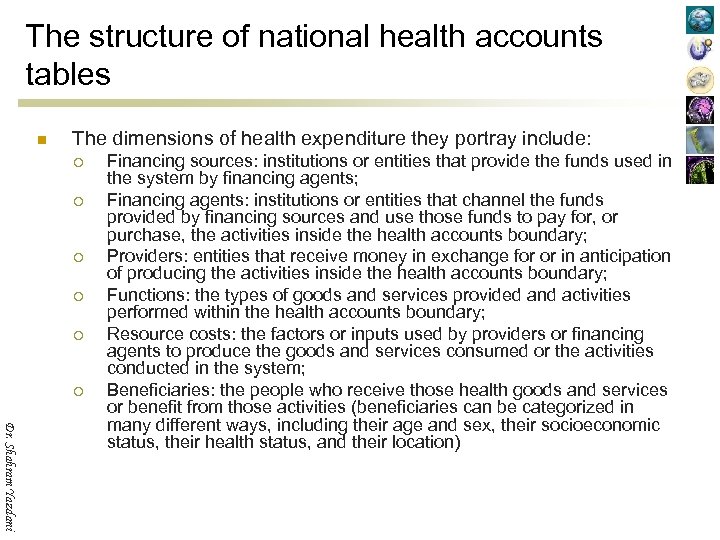 The structure of national health accounts tables n The dimensions of health expenditure they