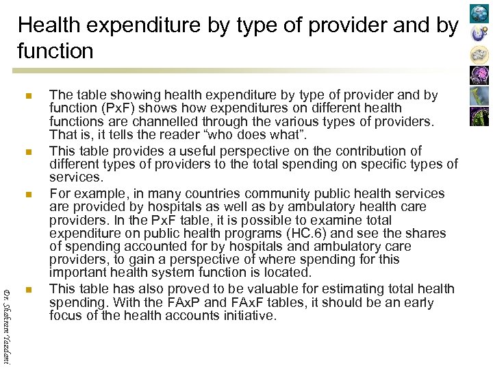 Health expenditure by type of provider and by function n Dr. Shahram Yazdani n