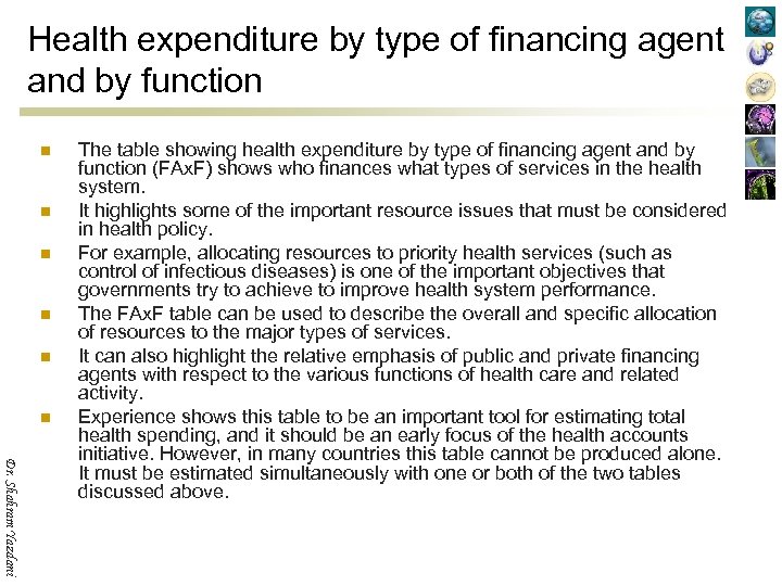 Health expenditure by type of financing agent and by function n n n Dr.