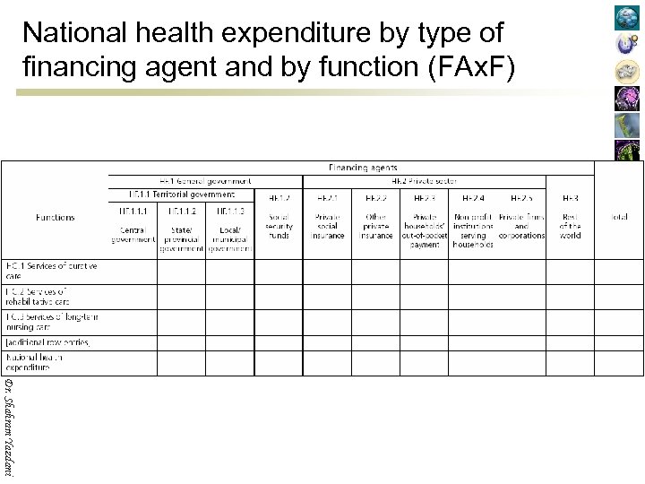 National health expenditure by type of financing agent and by function (FAx. F) Dr.