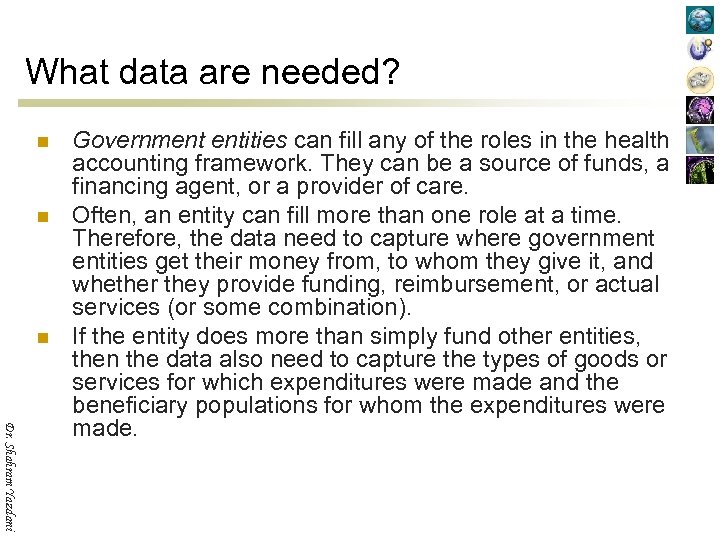 What data are needed? n n n Dr. Shahram Yazdani Government entities can fill