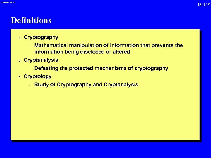3/18/2018 08: 17 Definitions 0 Cryptography - Mathematical manipulation of information that prevents the