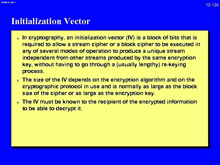 3/18/2018 08: 17 Initialization Vector 0 In cryptography, an initialization vector (IV) is a