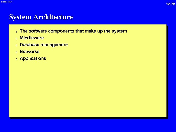 3/18/2018 08: 17 System Architecture 0 The software components that make up the system