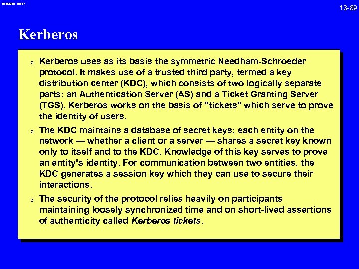 3/18/2018 08: 17 Kerberos 0 Kerberos uses as its basis the symmetric Needham-Schroeder protocol.