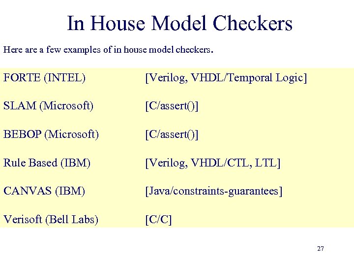 In House Model Checkers Here a few examples of in house model checkers. FORTE