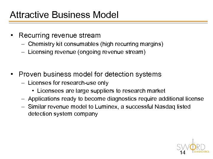 Attractive Business Model • Recurring revenue stream – Chemistry kit consumables (high recurring margins)