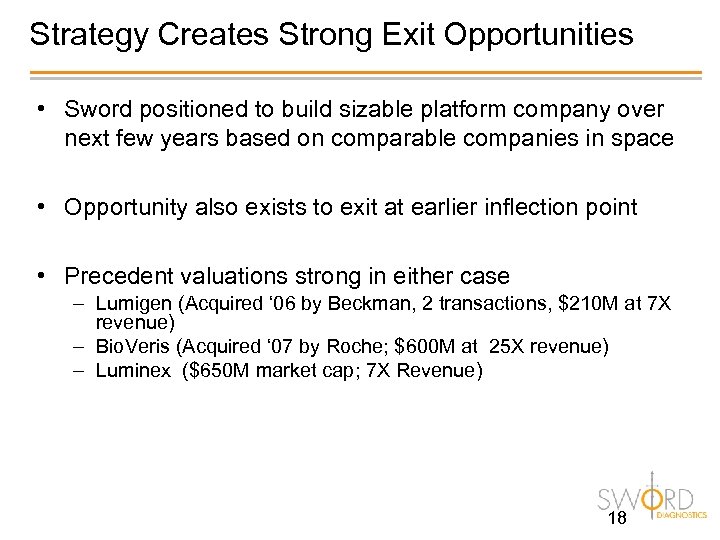 Strategy Creates Strong Exit Opportunities • Sword positioned to build sizable platform company over