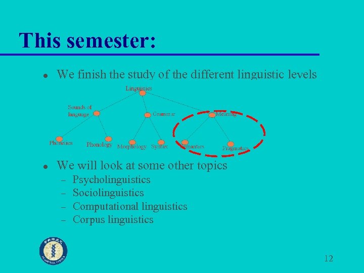 This semester: l We finish the study of the different linguistic levels l We