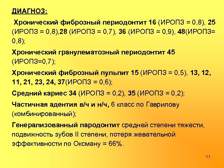 ДИАГНОЗ: Хронический фиброзный периодонтит 16 (ИРОПЗ = 0, 8), 25 (ИРОПЗ = 0, 8),