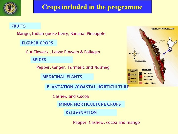 Crops included in the programme FRUITS Mango, Indian goose berry, Banana, Pineapple FLOWER CROPS