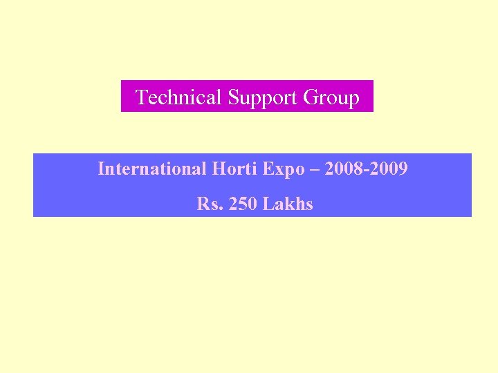 Technical Support Group International Horti Expo – 2008 -2009 Rs. 250 Lakhs 
