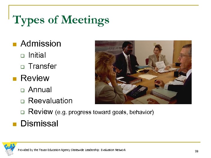 Types of Meetings n Admission q q n Review q q q n Initial