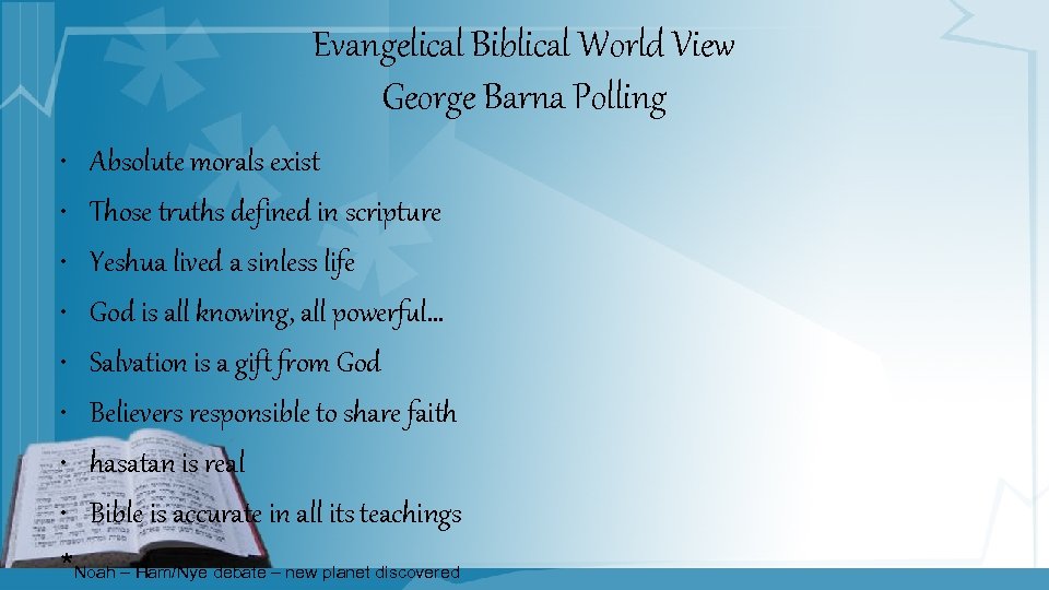 Evangelical Biblical World View George Barna Polling • • Absolute morals exist Those truths