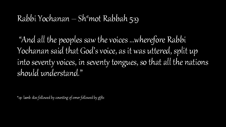 Rabbi Yochanan – Shemot Rabbah 5: 9 “And all the peoples saw the voices