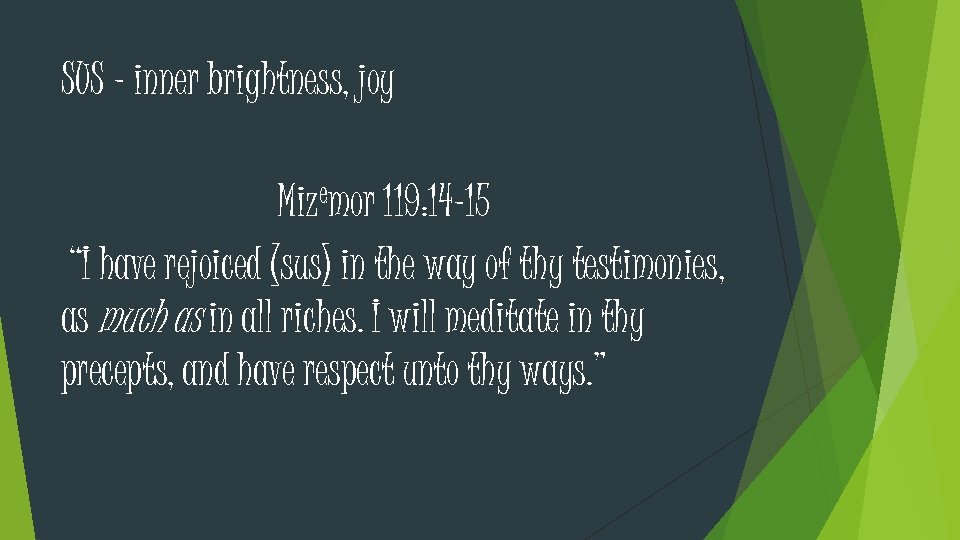 SUS – inner brightness, joy emor 119: 14 -15 Miz “I have rejoiced (sus)