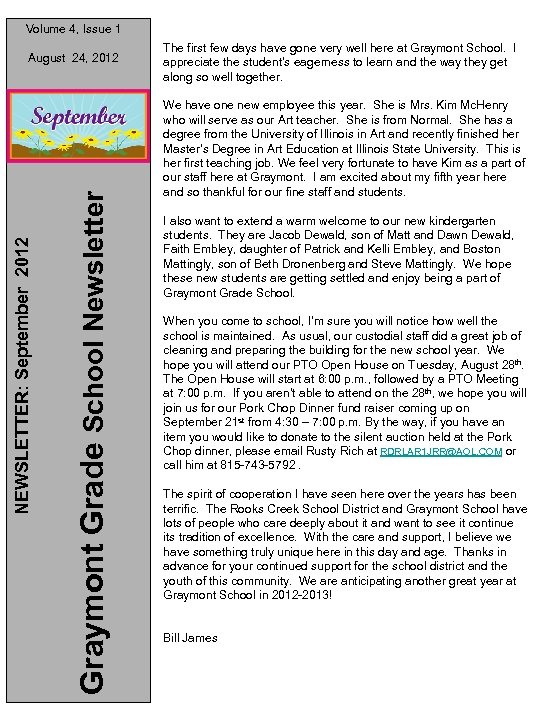 Volume 4, Issue 1 Graymont Grade School Newsletter NEWSLETTER: September 2012 August 24, 2012