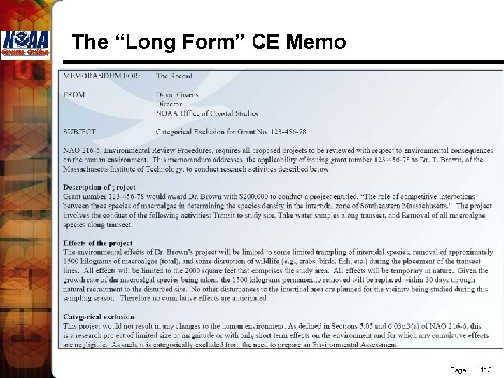 The “Long Form” CE Memo Page 113 