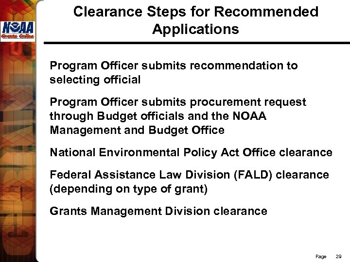 Clearance Steps for Recommended Applications Program Officer submits recommendation to selecting official Program Officer