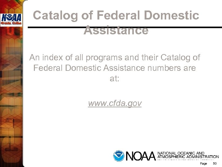 Catalog of Federal Domestic Assistance An index of all programs and their Catalog of