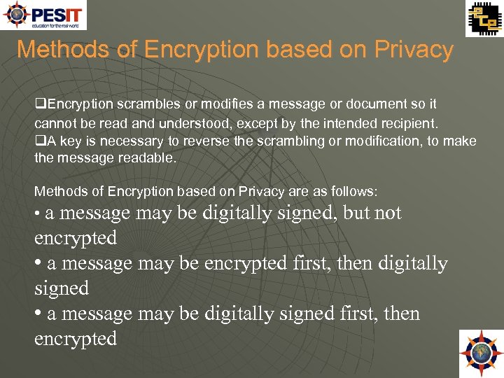 Methods of Encryption based on Privacy Encryption scrambles or modifies a message or document