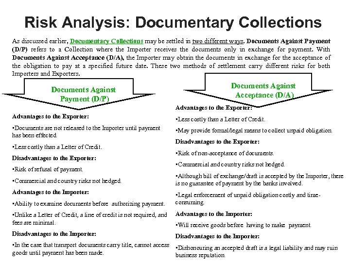 Risk Analysis: Documentary Collections As discussed earlier, Documentary Collections may be settled in two