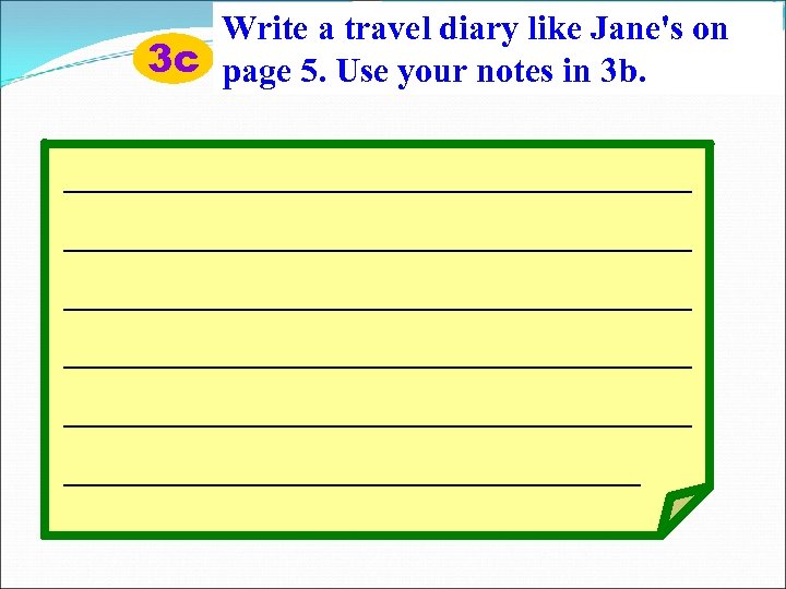 Write a travel diary like Jane's on 3 c page 5. Use your notes